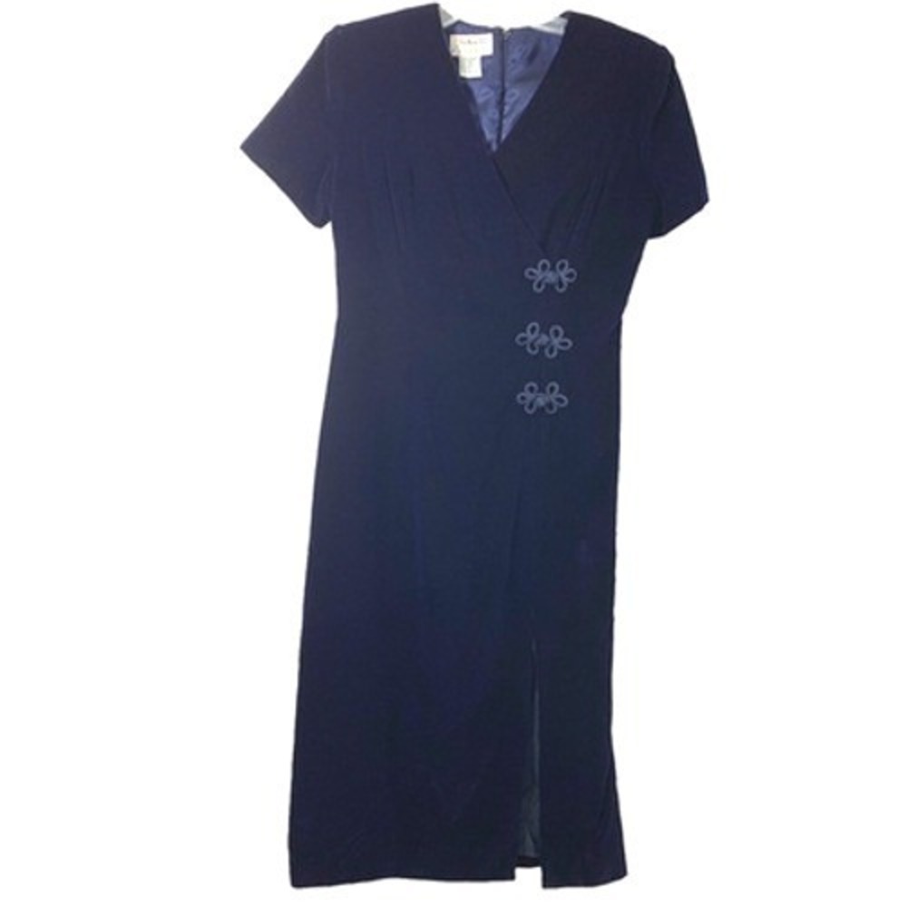 Talbots Velvet Midi Dress Womens 8 Petite Blue Front Slit‎ Event Holiday Party